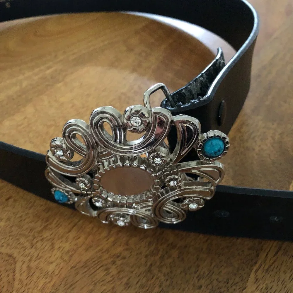 Black Leather Belt with Large Silver Buckle: Rhinestone and Turquoise, Small